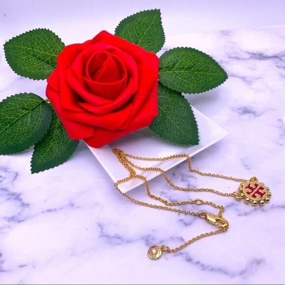 New Tory Burch Red Logo, Gold Adjustable Necklace - Picture 6 of 9